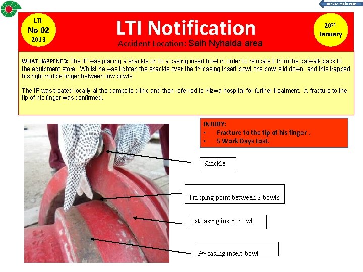 Back to Main Page LTI No 02 2013 LTI Notification Accident Location: Saih Nyhaida