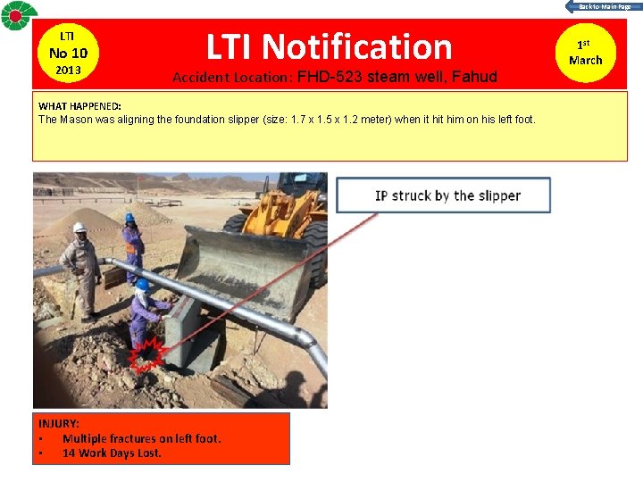 Back to Main Page LTI No 10 2013 LTI Notification Accident Location: FHD-523 steam