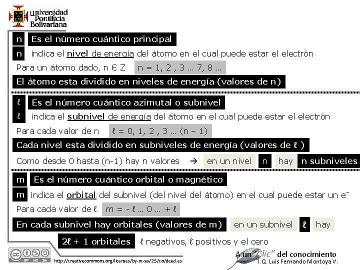 n Es el número cuántico principal n indica el nivel de energía del átomo