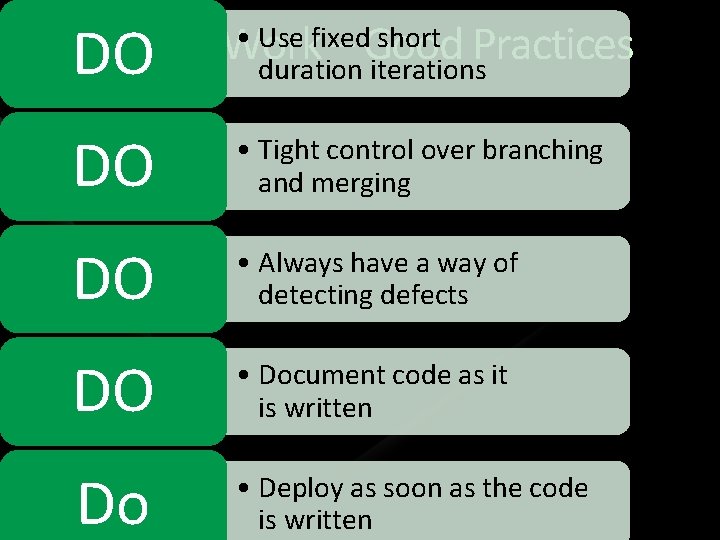  • Use fixed short Practices P 1: DO Partial Work – Good duration