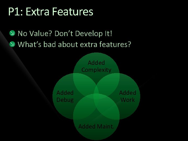 P 1: Extra Features No Value? Don’t Develop It! What’s bad about extra features?
