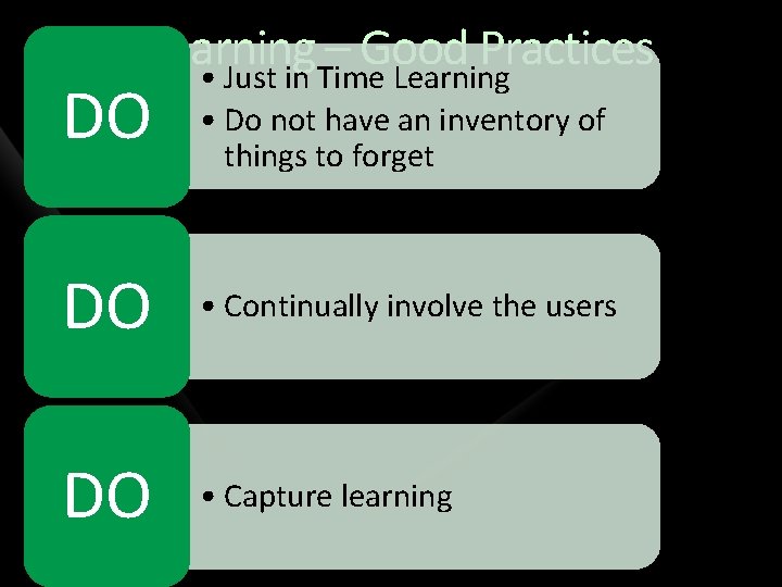 P 1: Relearning – Good Practices • Just in Time Learning DO • Do