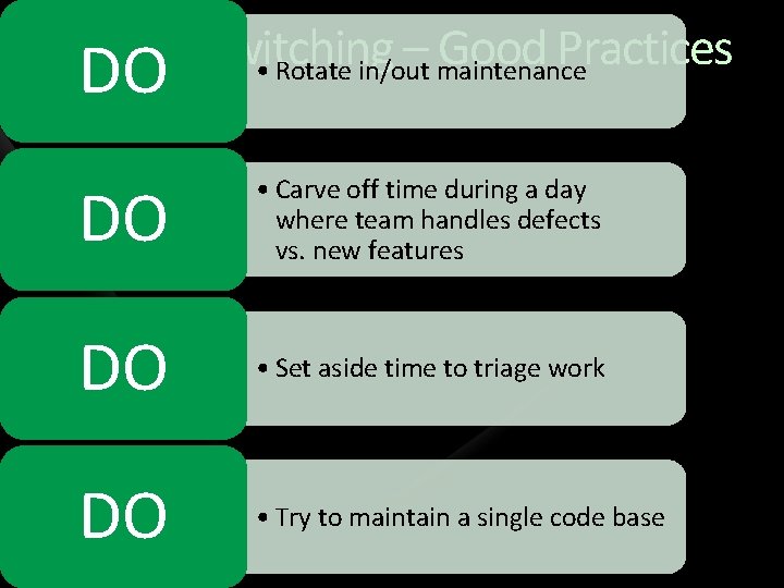 P 1: Task Switching – Good Practices • Rotate in/out maintenance DO DO •