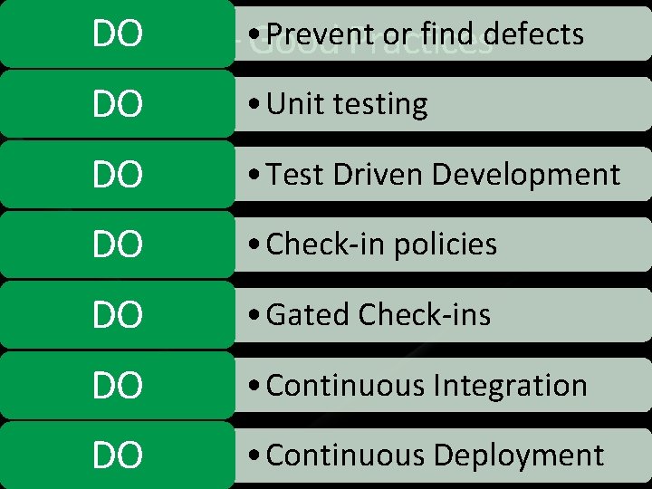 Prevent or find defects DO P 1: Defects – • Good Practices • Unit