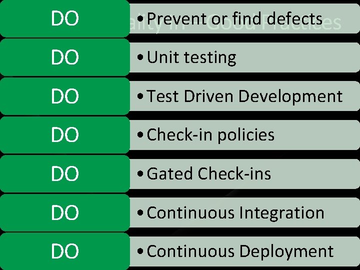  • Prevent or find. Practices defects DO Quality P 2: Build In –
