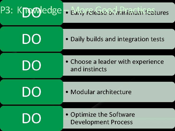 P 3: Knowledge – More Good Practices • Early release of minimum features DO