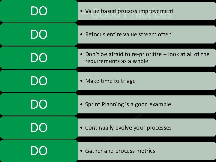  • Value based process improvement DO P 7: Optimize – Good Practices •