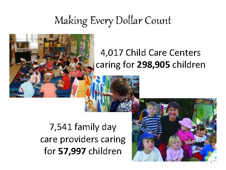 Making Every Dollar Count 4, 017 Child Care Centers caring for 298, 905 children