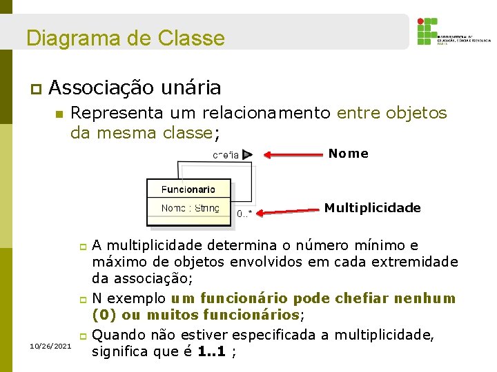 Diagrama de Classe p Associação unária n Representa um relacionamento entre objetos da mesma