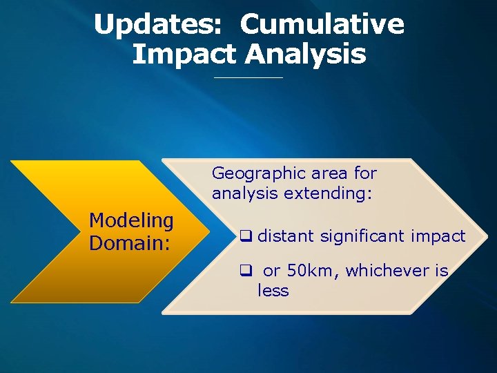 Updates: Cumulative Impact Analysis Modeling Dom Domain: Geographic area for analysis extending: Includes area