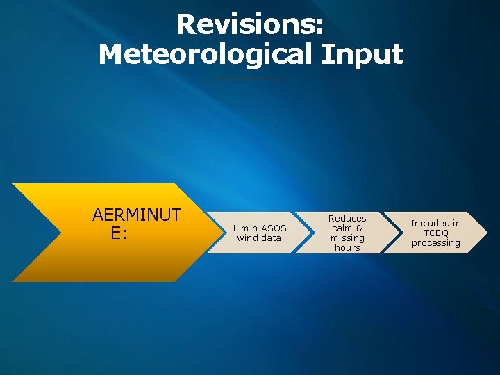 Revisions: Meteorological Input AERMINUT E: 1 -min ASOS wind data Reduces calm & missing