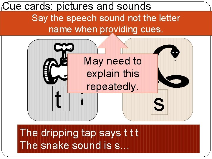 Cue cards: pictures and sounds Say the speech sound not the letter name when