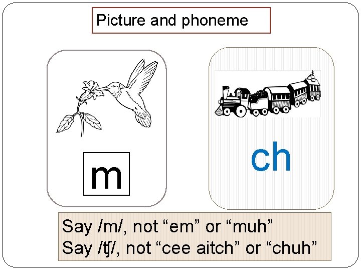 Picture and phoneme m ch Say /m/, not “em” or “muh” Say /ʧ/, not