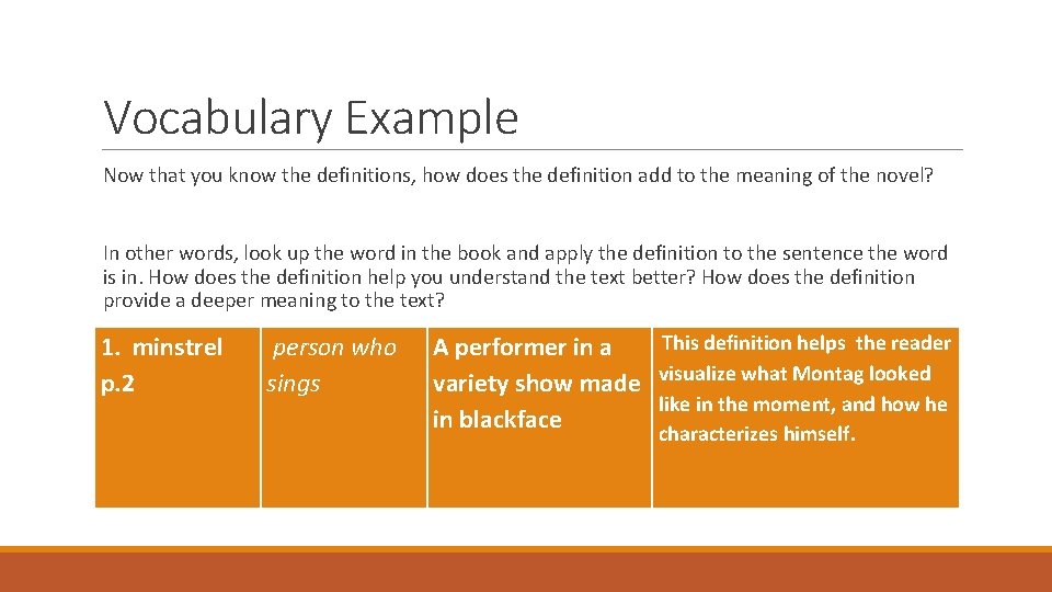 Vocabulary Example Now that you know the definitions, how does the definition add to