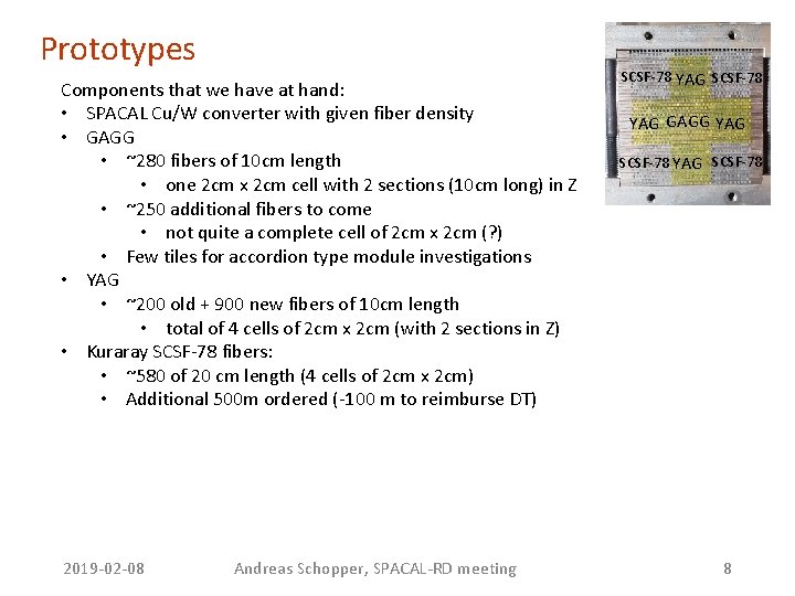 Prototypes Components that we have at hand: • SPACAL Cu/W converter with given fiber Prototypes Components that we have at hand: • SPACAL Cu/W converter with given fiber