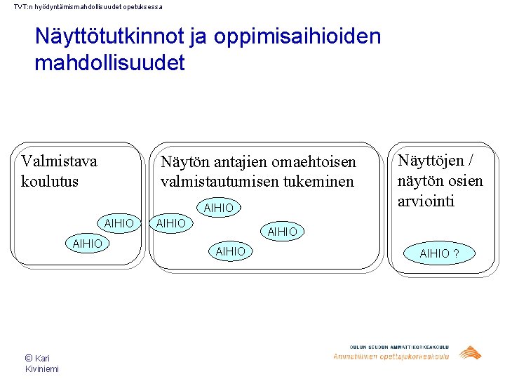 TVT: n hyödyntämismahdollisuudet opetuksessa Näyttötutkinnot ja oppimisaihioiden mahdollisuudet Valmistava koulutus Näytön antajien omaehtoisen valmistautumisen