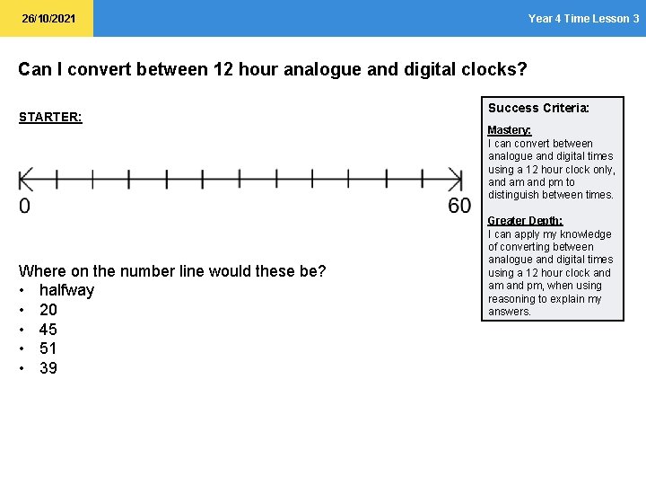 26/10/2021 Year 4 Time Lesson 3 Can I convert between 12 hour analogue and