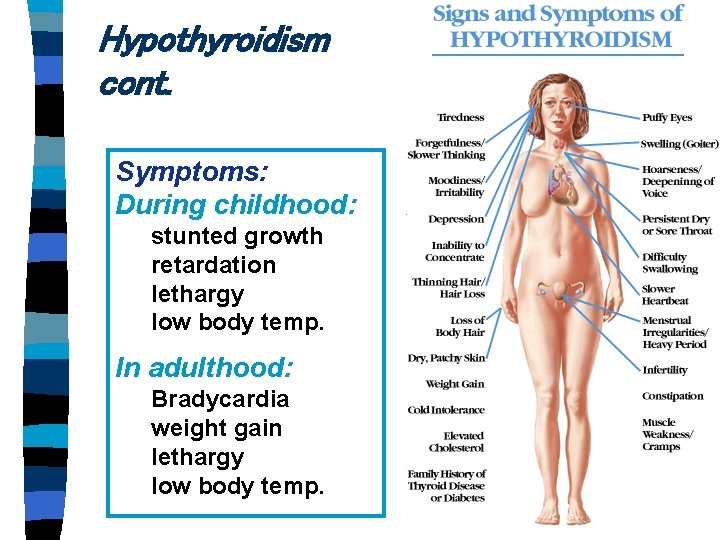Hypothyroidism cont. Symptoms: During childhood: stunted growth retardation lethargy low body temp. In adulthood: Hypothyroidism cont. Symptoms: During childhood: stunted growth retardation lethargy low body temp. In adulthood: