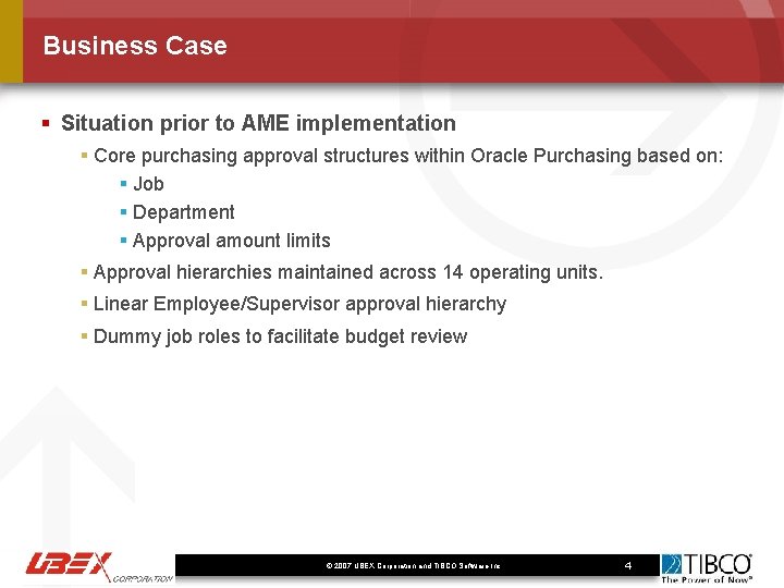 Business Case § Situation prior to AME implementation § Core purchasing approval structures within