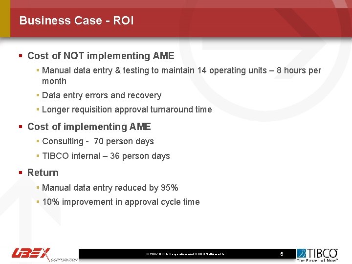 Business Case - ROI § Cost of NOT implementing AME § Manual data entry