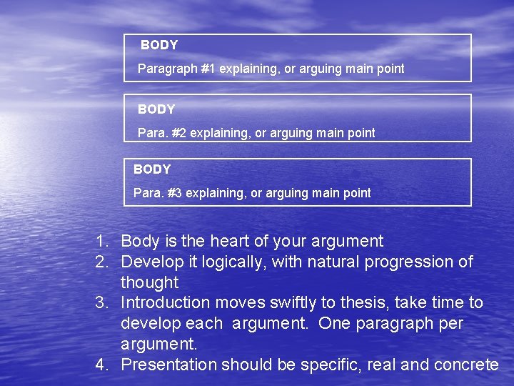BODY Paragraph #1 explaining, or arguing main point BODY Para. #2 explaining, or arguing
