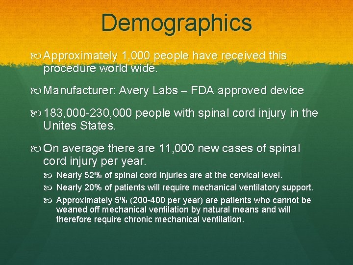Demographics Approximately 1, 000 people have received this procedure world wide. Manufacturer: Avery Labs