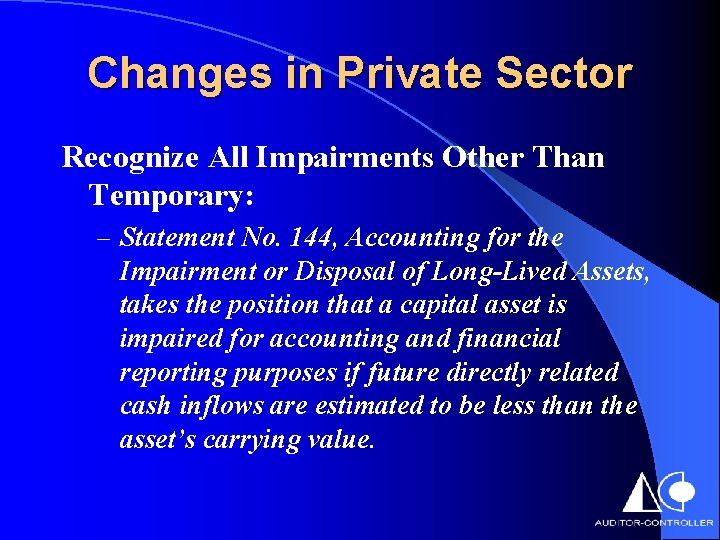 Changes in Private Sector Recognize All Impairments Other Than Temporary: – Statement No. 144,