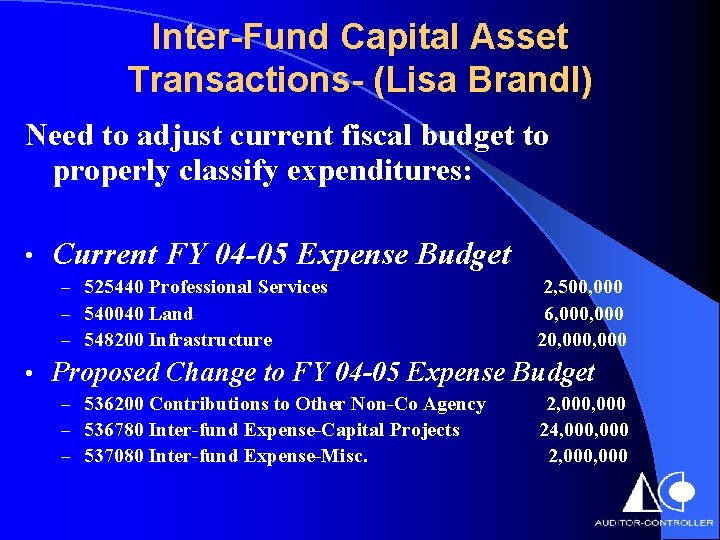 Inter-Fund Capital Asset Transactions- (Lisa Brandl) Need to adjust current fiscal budget to properly
