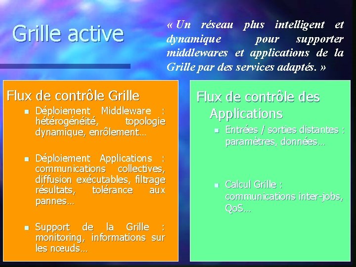 Grille active Flux de contrôle Grille n n n Déploiement Middleware : hétérogénéité, topologie