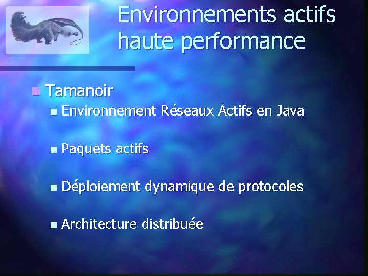 Environnements actifs haute performance n Tamanoir n Environnement Réseaux Actifs en Java n Paquets