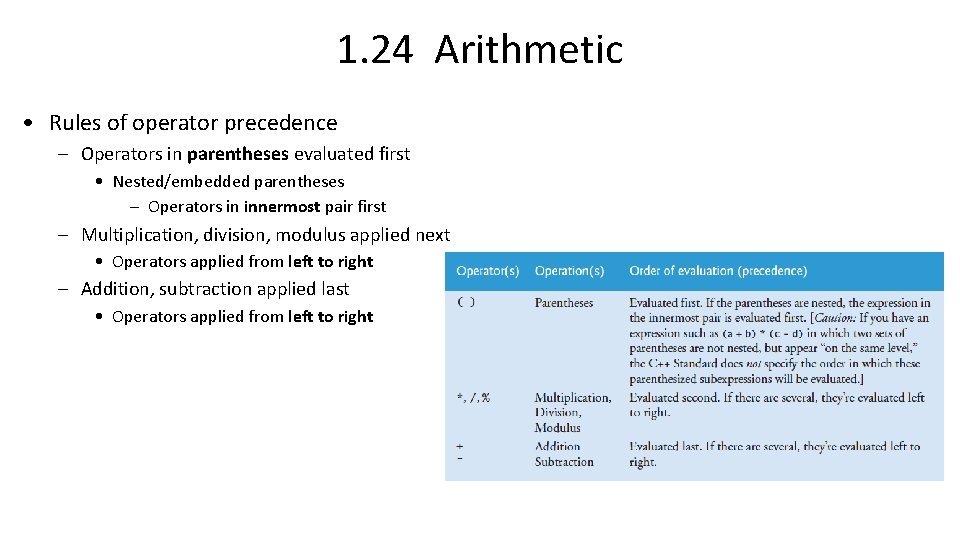 1. 24 Arithmetic • Rules of operator precedence – Operators in parentheses evaluated first 1. 24 Arithmetic • Rules of operator precedence – Operators in parentheses evaluated first