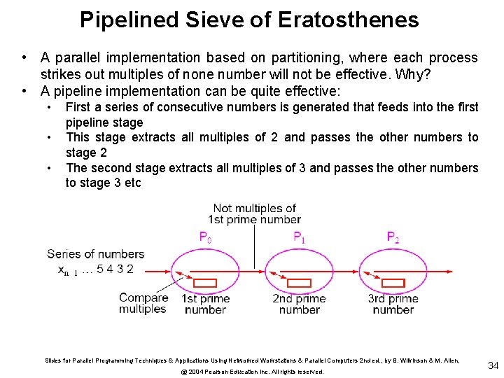 Pipelined Sieve of Eratosthenes • A parallel implementation based on partitioning, where each process