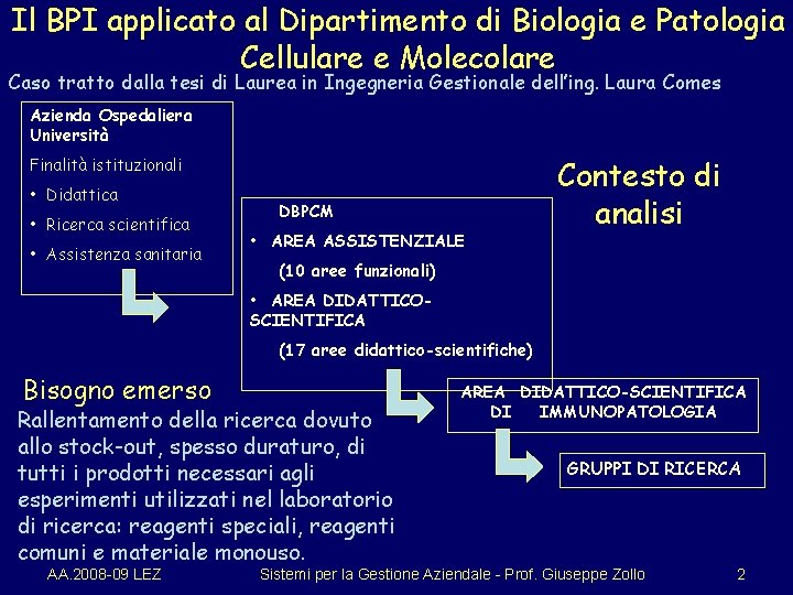 Il BPI applicato al Dipartimento di Biologia e Patologia Cellulare e Molecolare Caso tratto