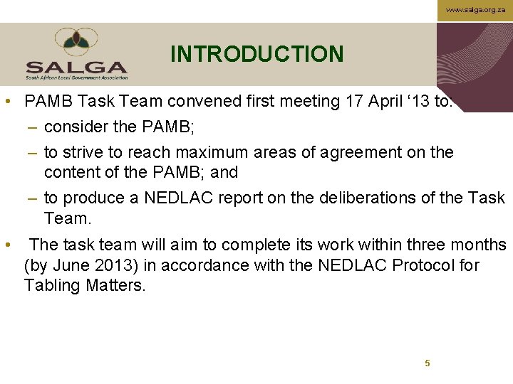 www. salga. org. za INTRODUCTION • PAMB Task Team convened first meeting 17 April