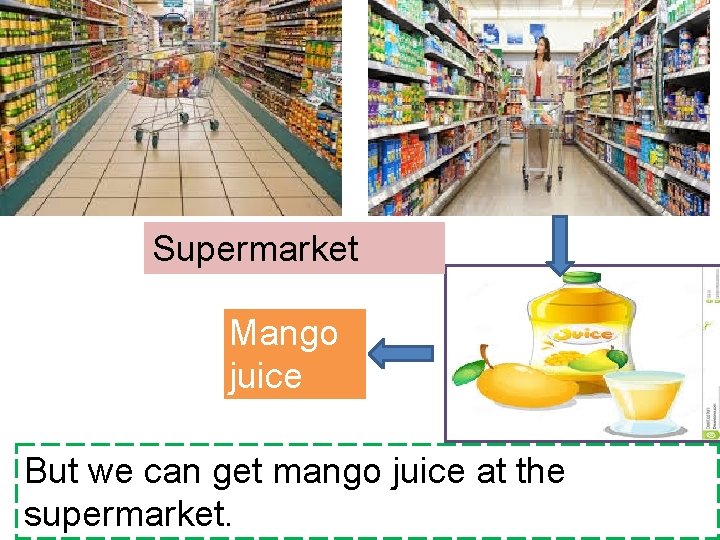 Supermarket Mango juice But we can get mango juice at the supermarket. 