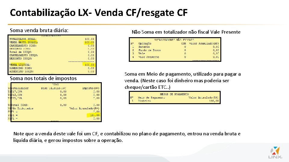 Contabilização LX- Venda CF/resgate CF Soma venda bruta diária: Soma nos totais de impostos