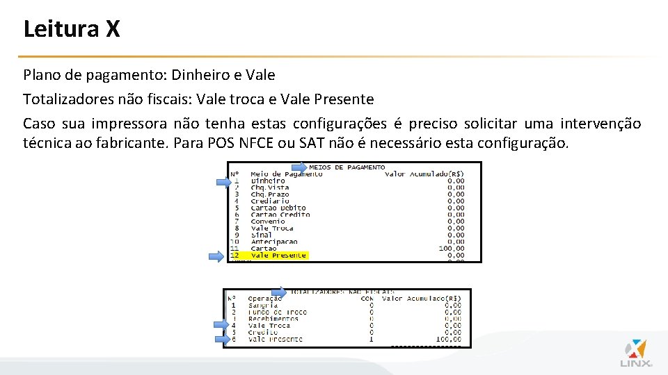 Leitura X Plano de pagamento: Dinheiro e Vale Totalizadores não fiscais: Vale troca e