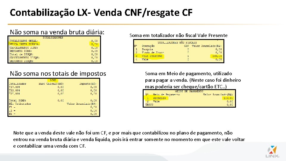 Contabilização LX- Venda CNF/resgate CF Não soma na venda bruta diária: Não soma nos