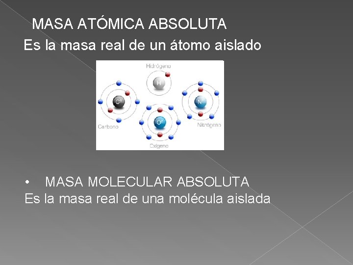 MASA ATÓMICA ABSOLUTA Es la masa real de un átomo aislado • MASA MOLECULAR