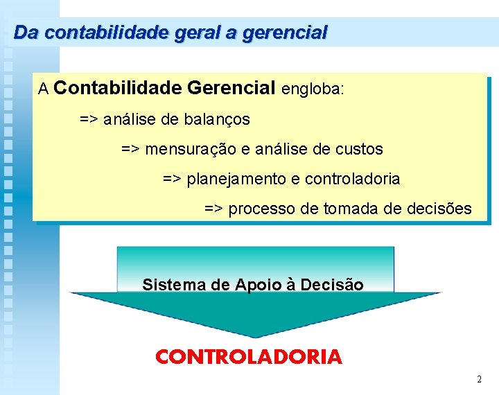 Da contabilidade geral a gerencial A Contabilidade Gerencial engloba: => análise de balanços =>