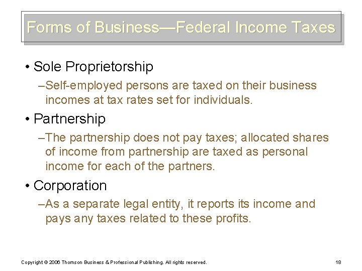 Forms of Business—Federal Income Taxes • Sole Proprietorship – Self-employed persons are taxed on