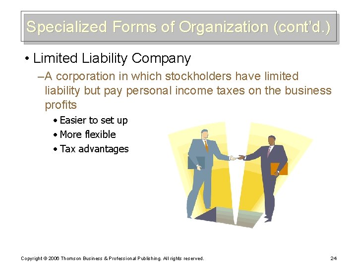 Specialized Forms of Organization (cont’d. ) • Limited Liability Company – A corporation in