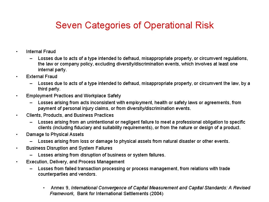 Seven Categories of Operational Risk • • Internal Fraud – Losses due to acts