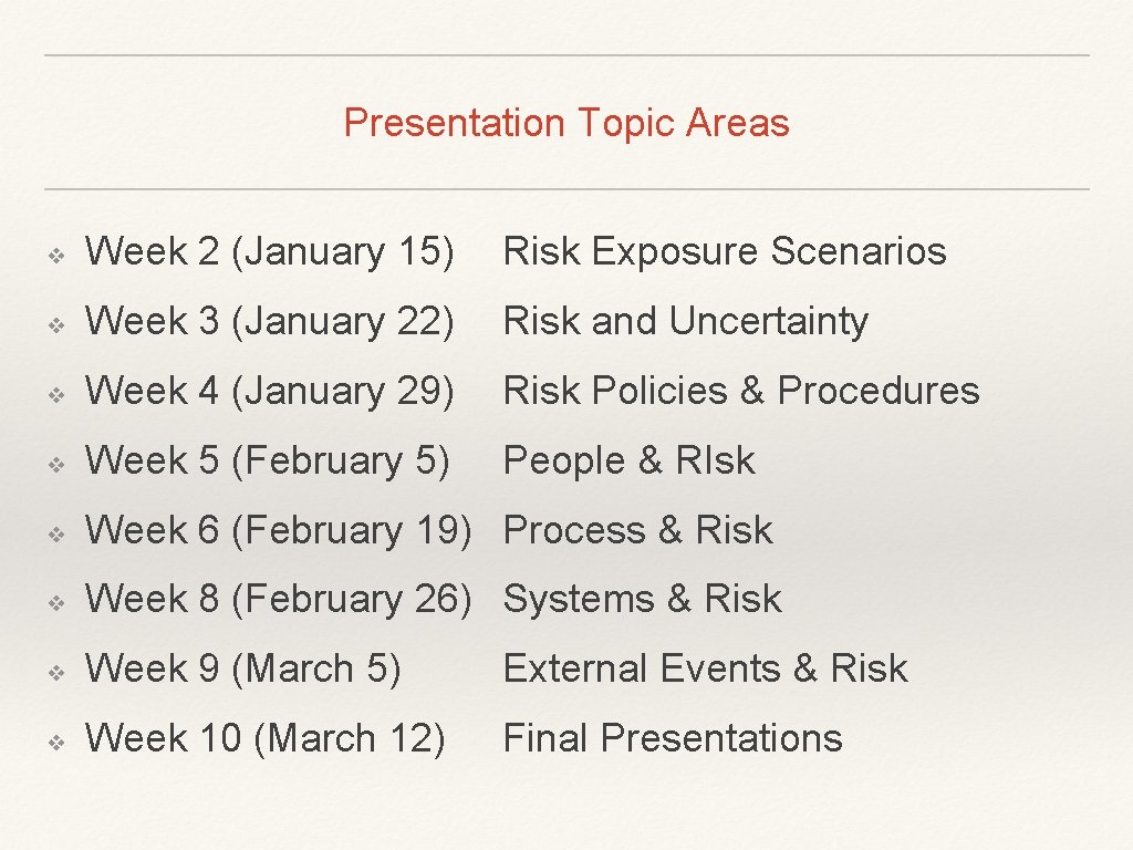 Presentation Topic Areas ❖ Week 2 (January 15) Risk Exposure Scenarios ❖ Week 3
