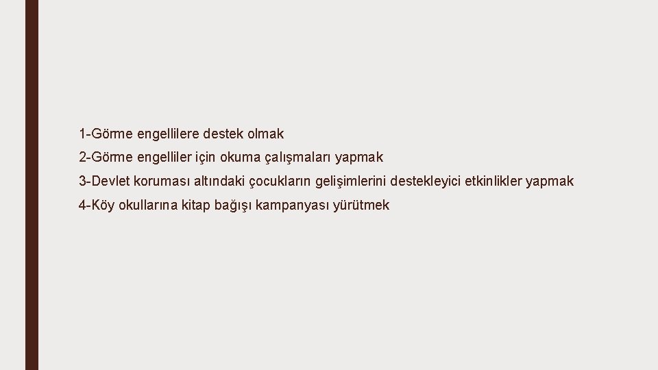 1 -Görme engellilere destek olmak 2 -Görme engelliler için okuma çalışmaları yapmak 3 -Devlet