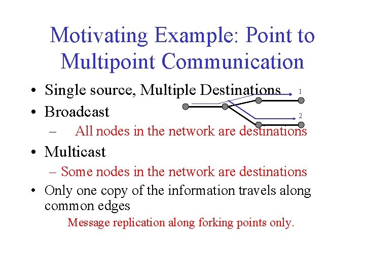 Motivating Example: Point to Multipoint Communication • Single source, Multiple Destinations • Broadcast –