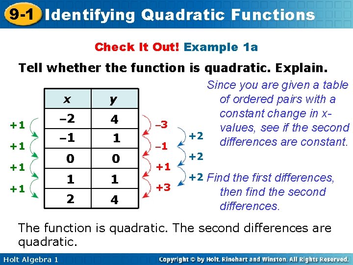 9 -1 Identifying Quadratic Functions Check It Out! Example 1 a Tell whether the