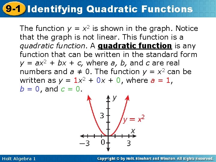 9 -1 Identifying Quadratic Functions The function y = x 2 is shown in