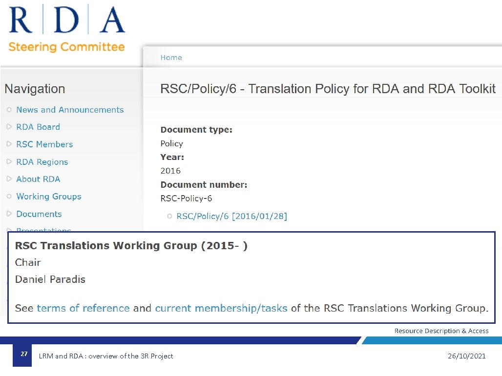 27 LRM and RDA : overview of the 3 R Project 26/10/2021 