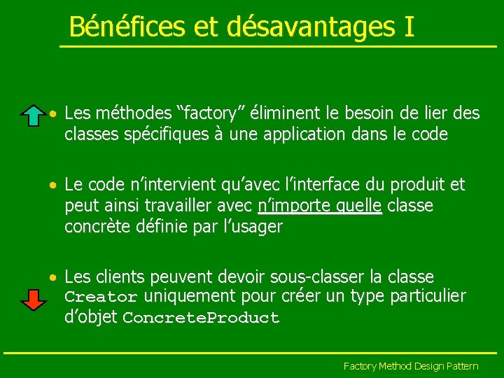 Bénéfices et désavantages I • Les méthodes “factory” éliminent le besoin de lier des